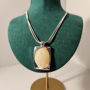 Silver Tone Double Snake Chain Necklace Cream Cabochon Rectangle Pendant Heart